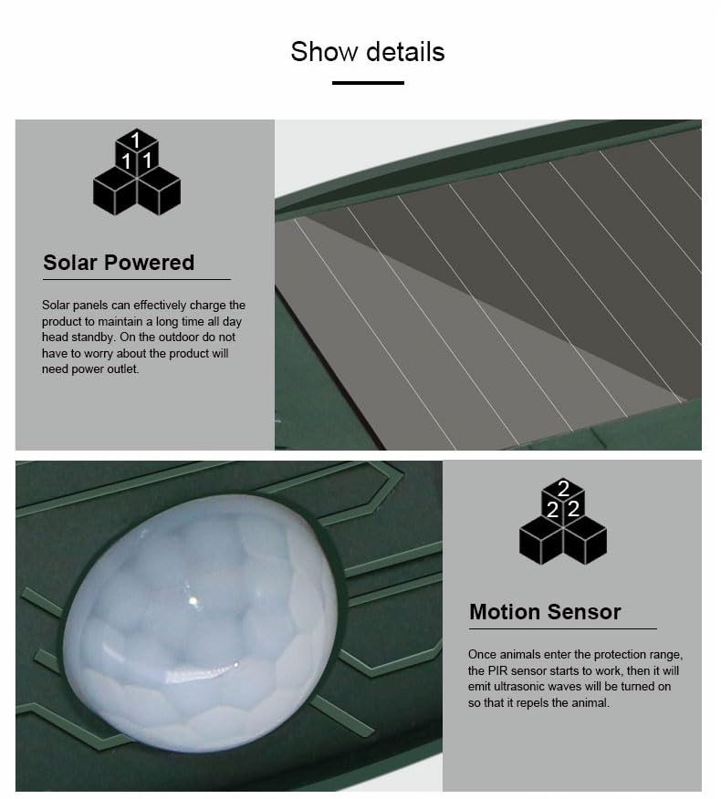 Ultradźwiękowy odstraszacz zwierząt, czujnik ruchu PIR i migające światło, solarny odstraszacz zwierząt, kot, pies, jeleń, lis, raccoo, królik, odstraszacz na zewnątrz, do trawnika podwórkowego, 2 szt