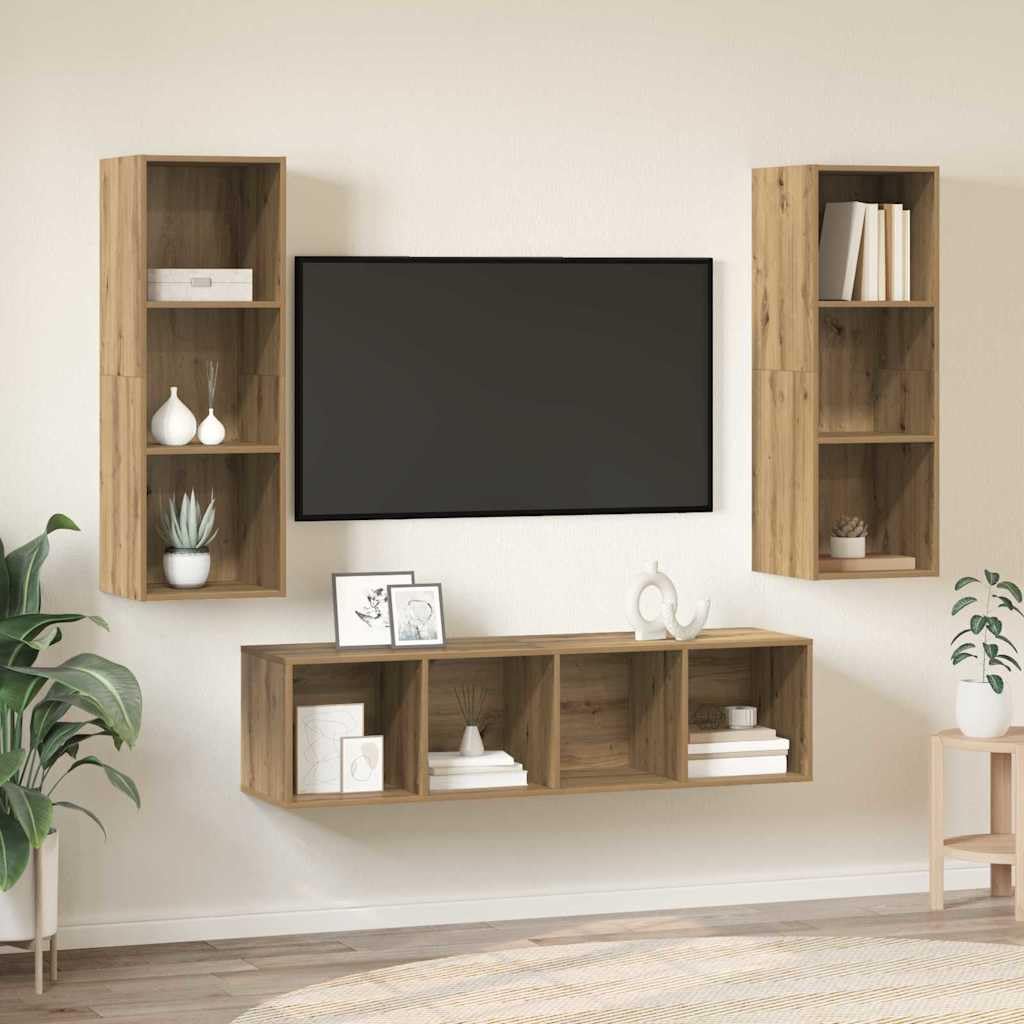 TV-Schrankset Wandmontiert 3-teilig, Artisan-Eiche Holzwerkstoff, Modernes Media Center, Platzsparendes Entertainment-Möbel für Wohnzimmer, Schlafzimmer