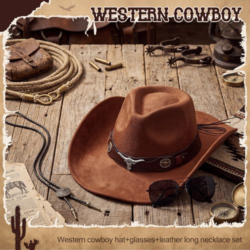 Image of Mepase 18 Pcs Cowboy Hat with Bolo Tie Sunglasses Rodeo Western Costume Accessories for Men Women Cosplay Halloween Party