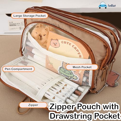 Image of FunBlast Pencil Pouch for Girls - Multiple Compartment Zipper Pouch With Drawstring Pocket, Aesthetic Kawaii Pencil Case, Cute Pouches, Return Gift for Kids (Tan)