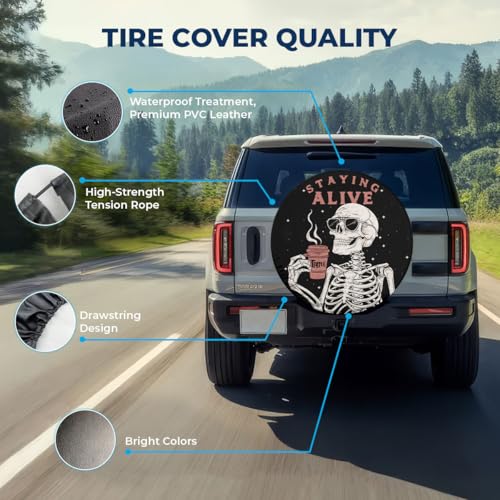 Image of GENANY Skeleton Coffee Humor Spare Tire Cover for RV Trailer, Waterproof, No Camera Hole, Size 17 Fits 31-33 Inch