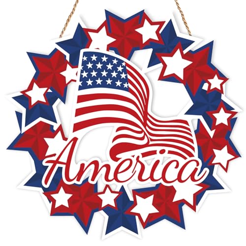 4th of July Hanging Door Sign Wooden Independence Day Decorations Patriotic Memorial Day Porch Home Wall Outside Decor