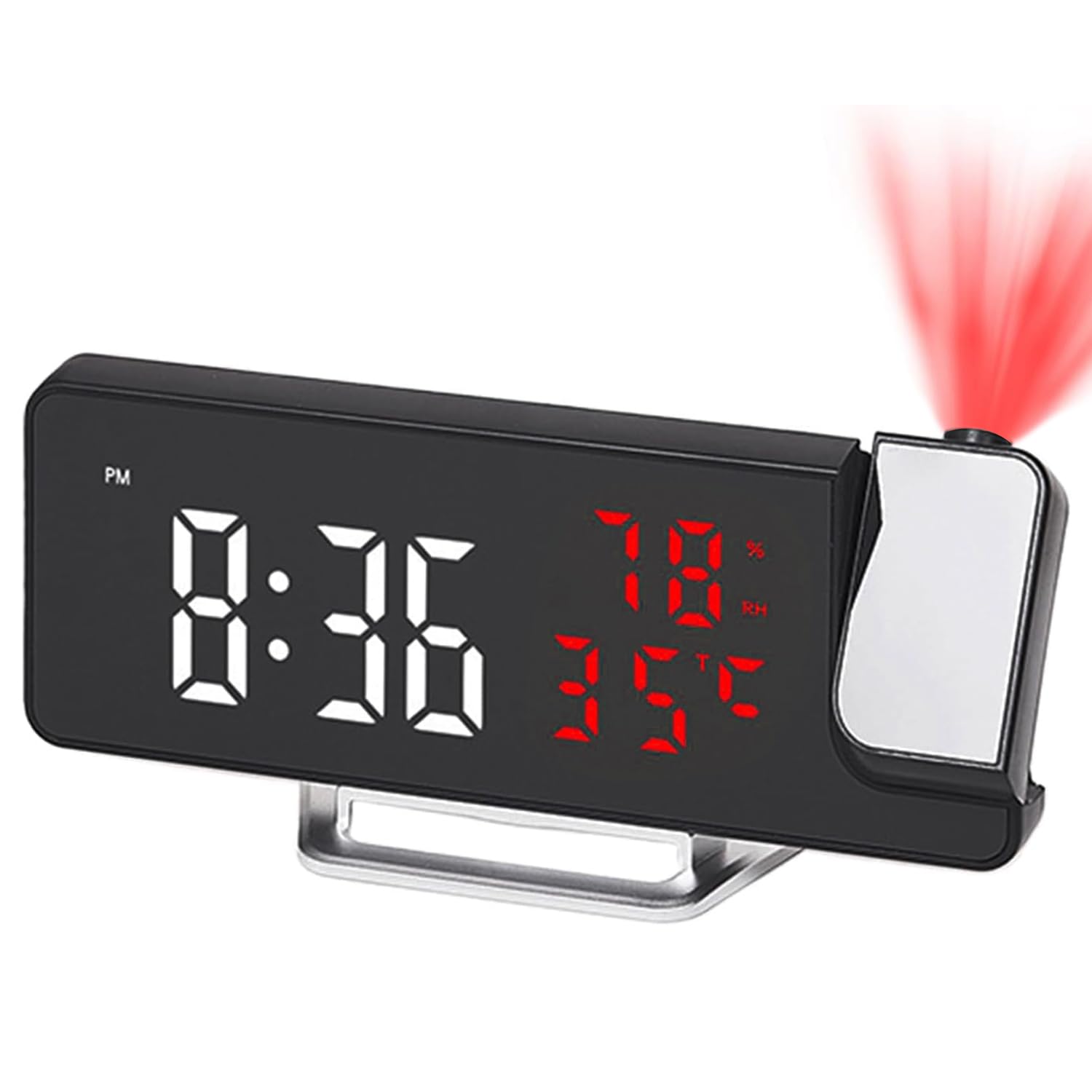 Maoskax Black Case White And Red Digit Projection Alarm Clocks Bedside, Led Digital Clock With 180° Rotating Projector Temperature Date And Humidity Display Adjustable Brightness, 12/24H Format, Snooze, Usb Powered For Bedroom Home Office