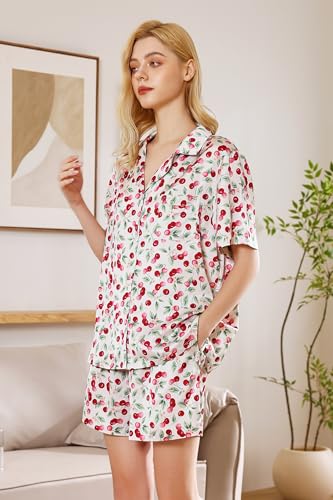 Image of YiNi LuLu Womens Silk Satin Shorts Pajamas Set Button Down 2 Piece Pjs Short Sleeve Oversized Sleepwear with Pockets