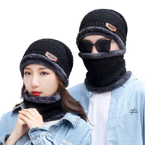 PinKitUnisex Winter Soft Warm Snow Proof (Inside Fur) Woolen Beanie Cap with Scarf for Men, Women's & Girl's (Free Size) Pack of One Set (One Fur Cap and One Fur Neck Scarf)