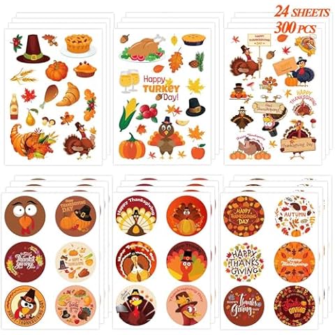 Joy Bang 300 PCS Thanksgiving Stickers for Kids, 24 Sheets Happy Thanksgiving Stickers Turkey Stickers Fall Stickers for Kids, Friendsgiving Thanksgiving Party Favors Supplies Crafts Gifts Cover