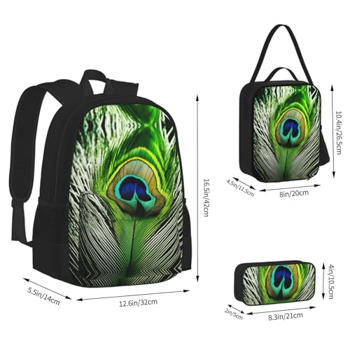 nanger Green Peacock Feather Print 3-Piece Set Backpack, Lunch Bag And Pencil Case, For Travel, College, And Daily Use4