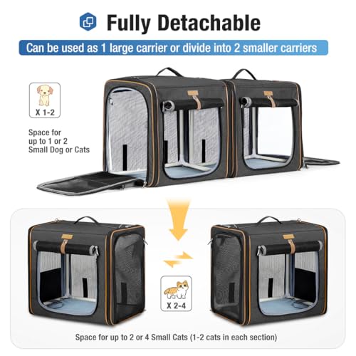 Lekeinchi 2-in-1 Hundebox Transportbox Katze für Mittelgroßes Haustier, Faltbare Katzentransportbox mit Starker Faserrahmen, Katzentoilette, 2 Schalen, 2 Haustiermatte, Medium, Schwarz