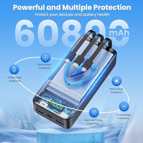 Image of Portable Charger 60800mAh Power Bank with 3 Built-in Cable,25W PD USB C Power Bank Fast Phone Charging,QC4.0 Travel Outdoor Essential Portable Phone Battery Pack for iPhone 17 /16 /15 /14,Galaxy Android
