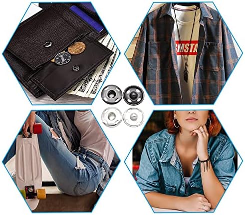 Metal Snap Fasteners Press Studs Snap Fasteners No Sewing, 24 Sets Press Studs Snap Fasteners Sew On, Black and Silver Snaps Button Rust Proof Snaps Fastener Kit for Clothes Purse Handbag