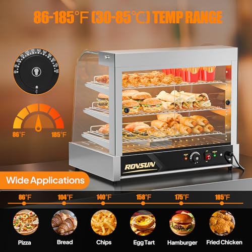 Image of ROVSUN 26 inch Commercial Food Warmer Display Pizza Warmer, 3-Tier Electric Countertop Food Warmer w /LED Lighting Adjustable Removable Shelves Glass Door, Pretzel Warmer for Buffet Restaurant, Silver