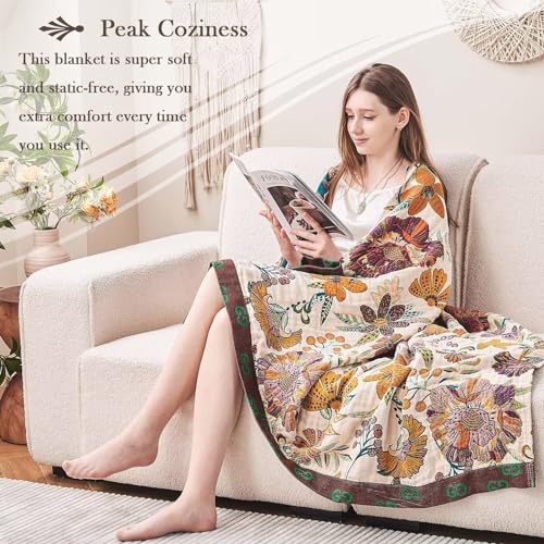 Image of XIBLC Boho Throw Blanket, 100% Cotton Ultra Soft Luxury Throw Rustic Quilt, 60 inchx80 inch Floral Printed Farmhouse Decor Bed Summer Blankets, All Season Rustic Reversible Bohemian Throw for Bed - White