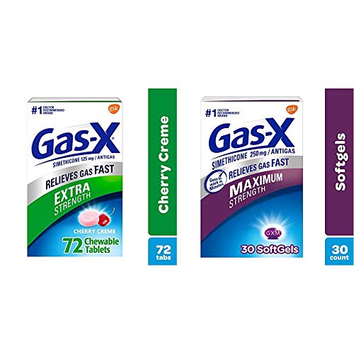 Gas X Chewable Extra Strength Tablets for Fast Gas and Bloating Relief, Cherry Flavor, 72 Count & Gas-X Maximum Strength Softgels for Fast Gas Relief, 30ct