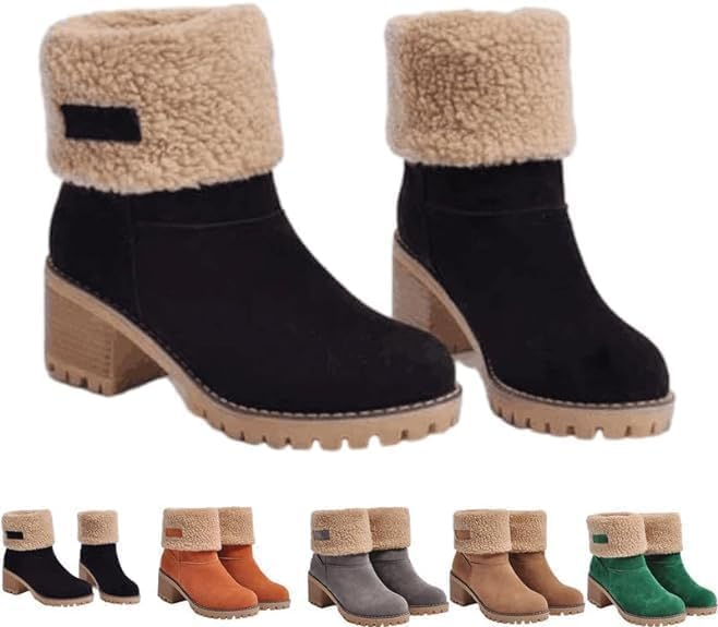 Winter Boots for Women Comfortable Slip On Mid Chunky Heel Fleece Lined Faux Suede Warm Snow Ankle Boots