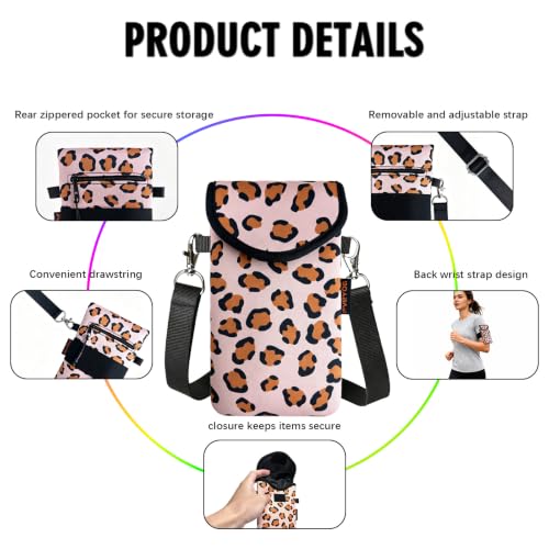 Image of Neoprene Phone Sleeve Pouch Case Bag for Men Women w /Crossbody Strap /Neck Lanyard for iPhone 17 /16 /15 /14 Pro Max, Samsung S25,Pixel 10 Leopard Print