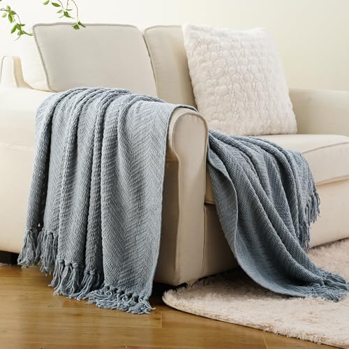 Image of BATTILO HOME Blue Grey Chenille Throw Blanket for Couch, 60 inchx80 inch