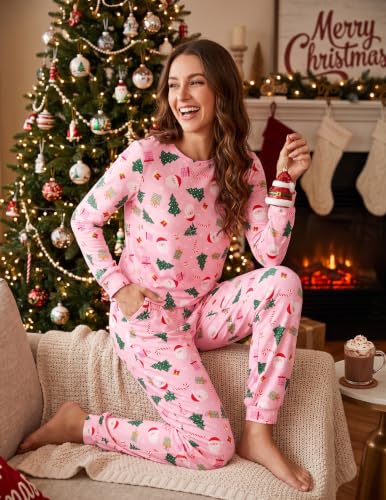 Ekouaer Womens Pajama Sets Long Sleeve Pjs Pink Santa Christmas Print XS - image 4