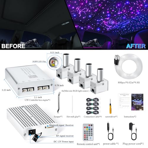 Image of Split 4 Colors 12W Car Starlight Headliner Kit 800pcs*0.02in*9.8ft with APP&RF Remote,RGBW Fiber Optic Strands Star Roof Lights,4 Port Engine Sound Activated Star Ceiling Lights for Car /Home Decor