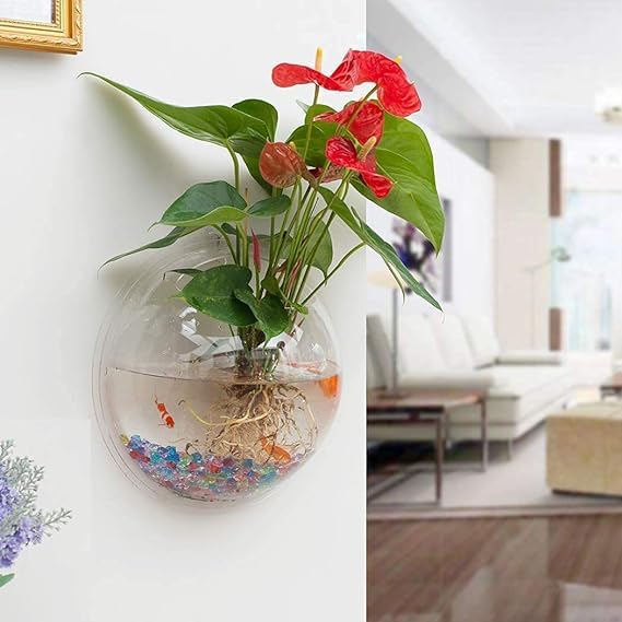 Image of TWINS TWINS Wall Hanging Fish Bowl Acrylic White Colour with Free Money Plant and Color Stones (9Inch)(White)(Standard Size)