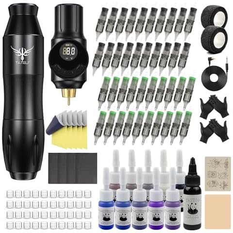 TATELF Tattoo kit Wireless Tattoo Machine Gun Starter Kit Rotary Tattoo Pen Machine 40pcs Cartridges Needle 2000mAh Tattoo Battery Pack for Beginners Tattoo Artists（Black) Cover