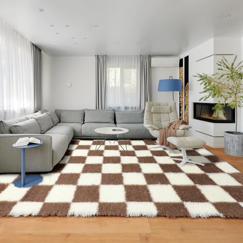 Image of KICMOR Living Room Rug 5x8 Brown and Cream White, Large Fluffy Shag Fuzzy Checkered Area Rugs Shaggy Bedroom Carpet, Indoor Soft Plush Furry Big Rug for Teen Kids Boys Girls Room Nursery Home Decor