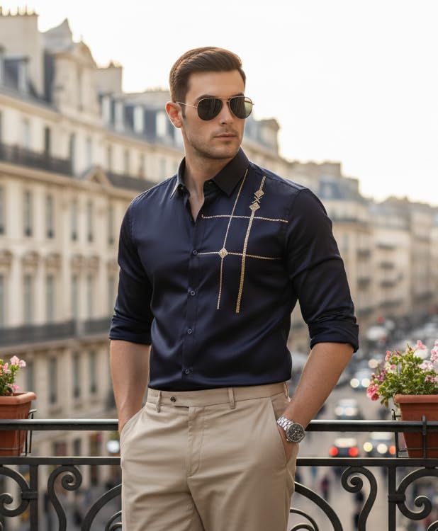Image of IndoPrimo Men's Premium Satin Shirt for Party, Formal and Casual Wear - Stylish Designer Full Sleeve Shirt for Men