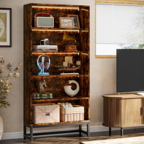 Image of Tribesigns Tall Bookcase and Bookshelf, 70.8 inch Large Bookcases Organizer with LED Lights, Heavy Duty Free-Standing Library Bookshelf with 5-Tier Storage Shelves for Living Room, Bedroom (Rustic Brown)