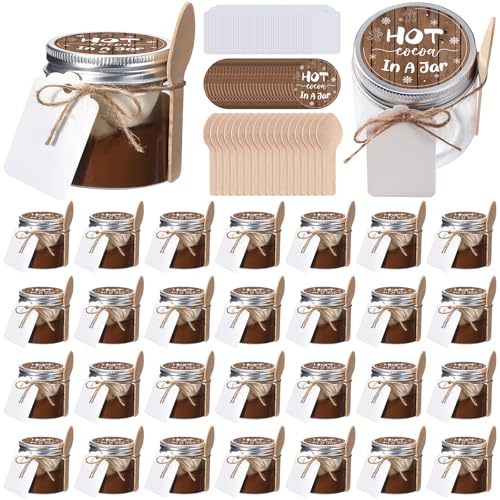 Hoolerry 30 Set Hot Chocolate Party Favors 3.4 oz Hot Chocolate Jars with Lid, Blank Tags and String Cocoa Bar Clear Plastic Containers for Christmas Winter Wedding Party Gifts