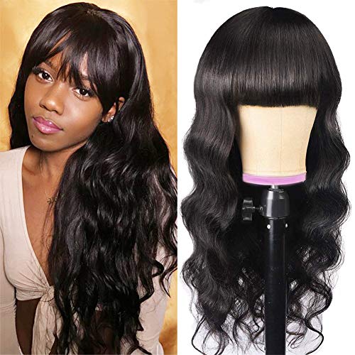 Human Hair Wigs With Bangs 20 inch Body Wave Human Hair Wigs For Black Women 130% Density Brazilian Virgin Hair Wigs