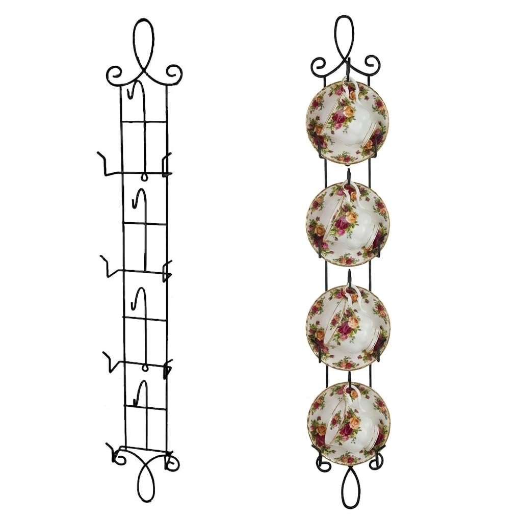 HOHIYA Tea Cup and Saucer Wall Display Rack Stand Holder Teacup (Black, Pack of 2)