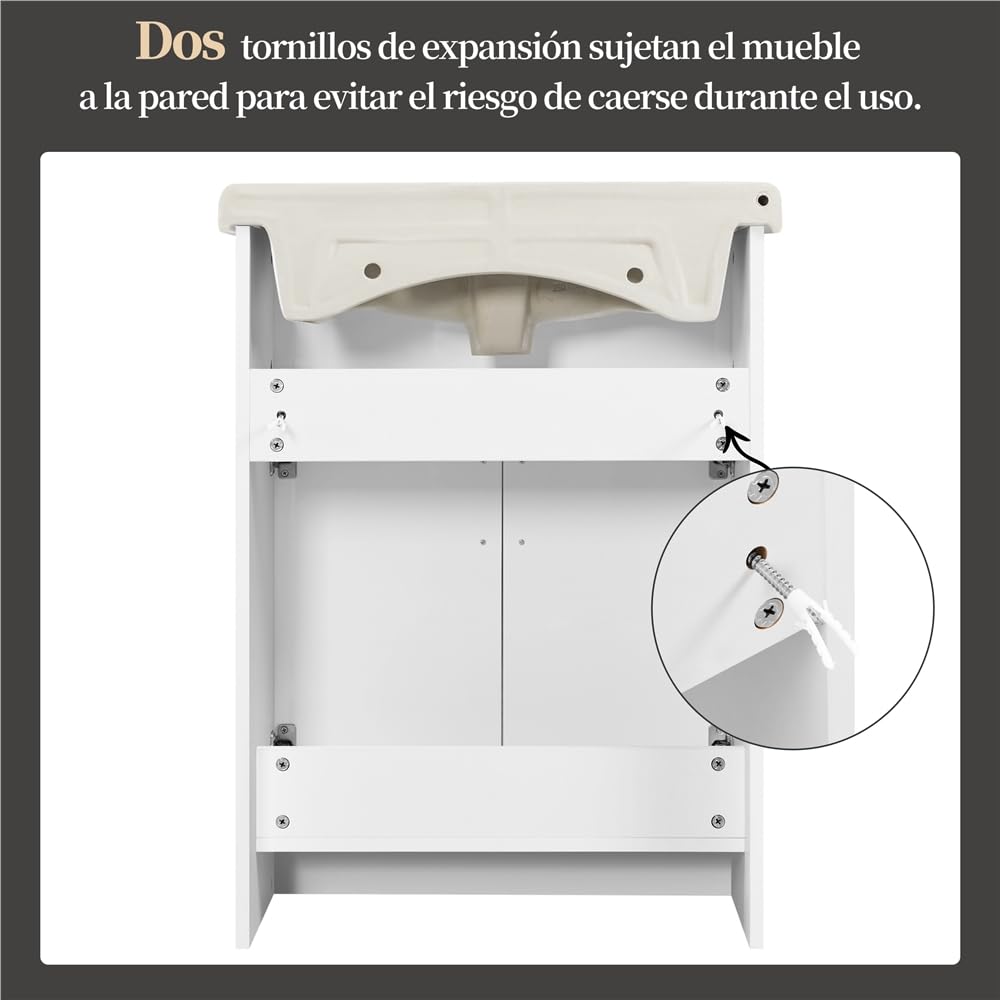 Yaheetech Mueble de Baño con Lavabo Cerámico con 2 Puertas | Armario Bajo Lavabo para Lavabo 61x43,5x84 cm Blanco