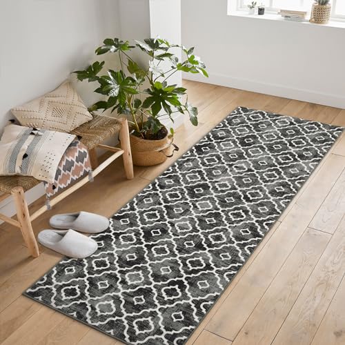 GlowSol Washable Runner Rug 2x6 Hallway Rugs Non-Slip Soft Modern Geometric Farmhouse Low Pile Design Printed Carpet for Kitchen Bathroom Living Room Bedroom Home Decor Grey