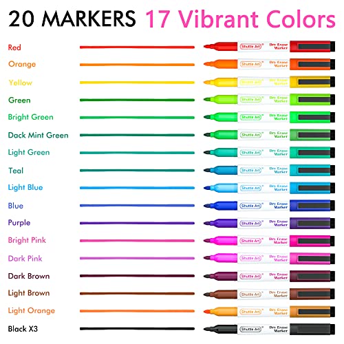 Image of Shuttle Art 20 Pack Dry Erase Markers 17 Colors Plus 3 Black Fine Tip