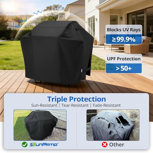 Image of SunPatio Gas Grill Cover 60 Inch, Outdoor Heavy Duty Waterproof Barbecue Gas Cover, UV and Fade Resistant, All Weather Protection Compatible for Weber Charbroil Brinkmann Grills and More, Black