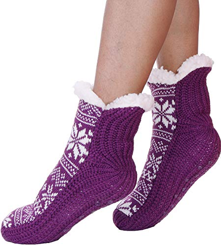 Womens Slipper Socks Fuzzy Warm Thick Heavy Stocking Stuffers Fleece lined Christmas Fluffy Winter Socks With Grippers(Snowflake-Purple)
