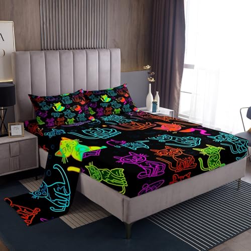 Black Cat Bed Sheets Set Full, Kawaii Cartoon Cat Sheet Set, Simple Strokes Animals Bedding Set Bedroom Decor, Gradient Line Neon Cute Cat Sheets, 1 Top Sheet & Fitted Sheet & 2 Pillow Cases, Black