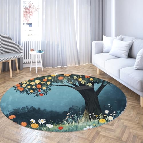 Tapis rond de sol bleu vert sarcelle à poils ras pour chambre - 3