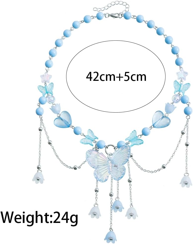Dainty Butterfly Choker Necklace for Women Vintage Purple Beaded Fairy Necklaces Cute Small Flower Pendant Necklaces Trendy Y2k Vacation Jewelry - Image 2