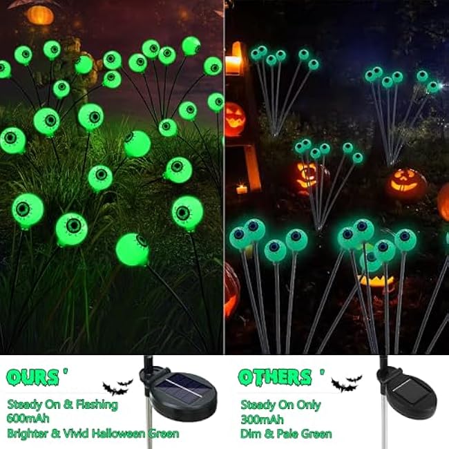 BrizLabs 8 Pack 48 LED Halloween Solar Lights, 2 Modes Outdoor Halloween Eyeball Pathway Lights, Solar Spooky Light Waterproof, Green Swaying Firefly Lighting for Path Yard Garden Lawn