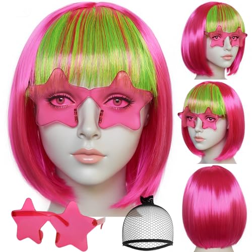Image of ANOGOL Hair Cap + (Sunglasses) Rainbow Wig Yellow Green Pink Bob Wig with Bangs Womens Party Wigs with Star-Shaped Glasses Short Neon Wig Daily Party Fun Wigs Women Halloween Costume Bachelorette Hair