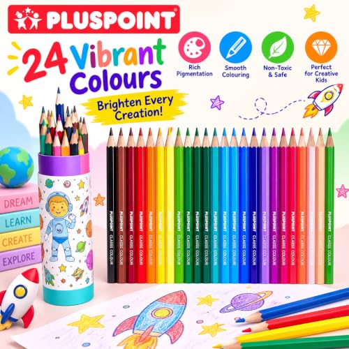 Image of PLUSPOINT Astronaut color pencil set for kids 24 colors Shades Soft Wax Pencils 3 MM Colouring Pencil, Artist Sketching Colour Pencils Drawing Color for Art & Craft Work