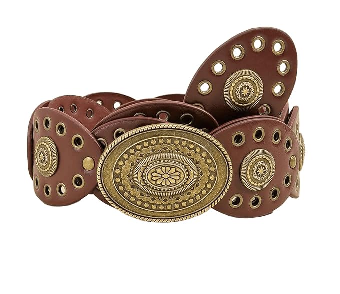 Vintage Western Leather Belt for Women - Wide Cowgirl Waist Belt with Concho Buckle - Boho Style Belt for Jeans & Dress4