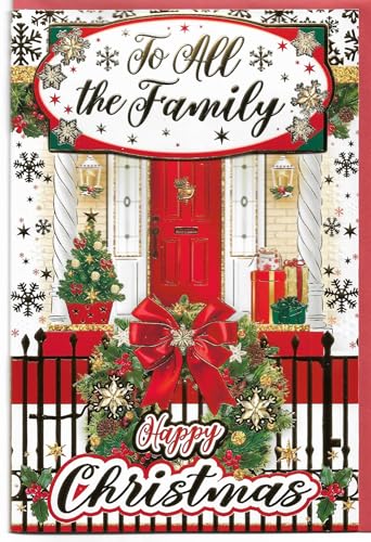 Image of Christmas Card For All the Family 23 x 15 Cm (9 x 6 inches) To All the Family Traditional Design with Embellishment Happy Christmas Wreath
