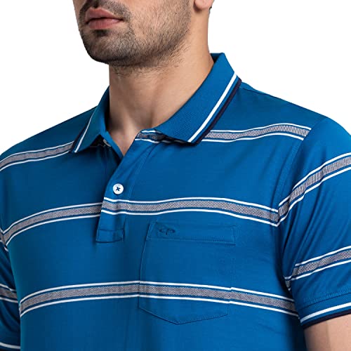 Image of Colorplus Men's Pure Cotton Stripe Pattern Tailored Fit Polo Neck Half Sleeve Casual T-Shirt
