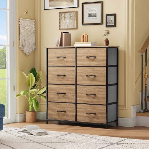 DWVO Dresser with 8 Drawers - Fabric Storage Tower, Organizer Unit for Bedroom, Hallway, Closets - Sturdy Steel Frame, Wooden Top & Easy Pull Fabric Bins (Burlywood Grain)