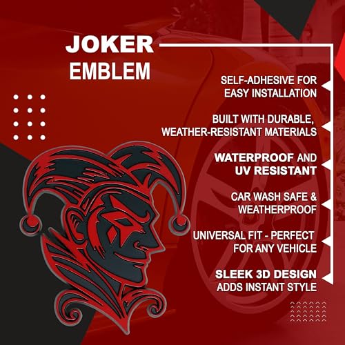 Image of Joker Emblem 3D Jester Badge - Custom Car Decal Sticker for Car, Truck, SUV - Durable Exterior Trunk, Hood, Fender (Set of 2) (Red)
