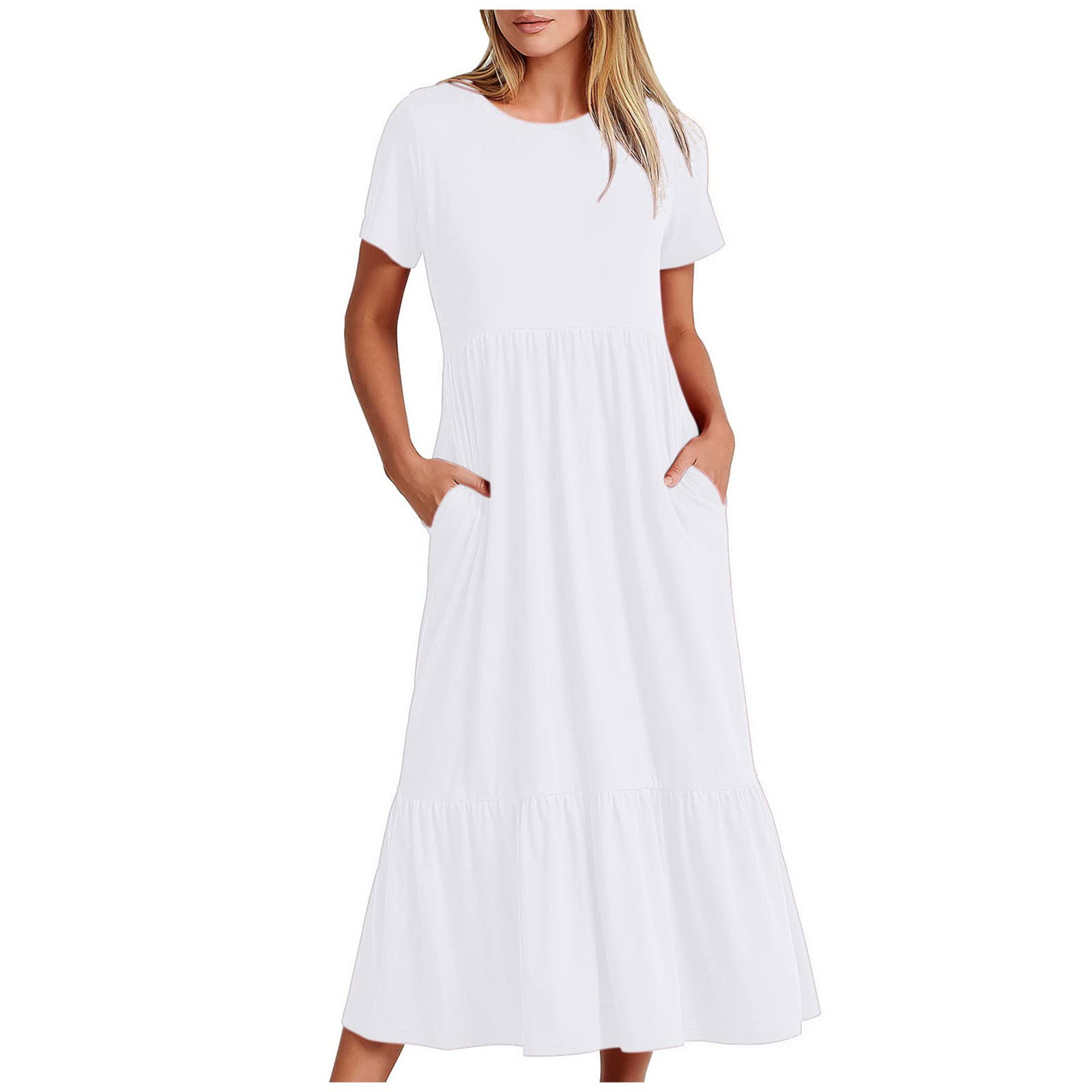 Generic Vestidos de manga corta para mujer, cuello redondo, playa, hawaiano, plisado, maxi, vestidos largos de verano y otoño 2024