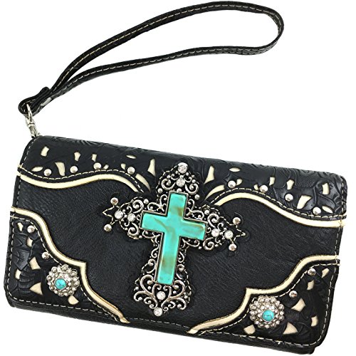 Justin West Tooled Leather Laser Cut Turquoise Rhinestone Cross Concho Studded Shoulder Tote Handbag Purse2