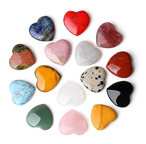 QINJIEJIE 15PCS Natürlicher Edelsteine Herz Poliert Kristalle Steine Herz Handschmeichler Stein Bunte Glückssteine Reiki Steine Set Kristallsteine für Dekoration