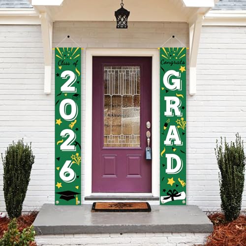 Image of Graduation Porch Banner Class Sign Congrats Grad Hanging Flags High School College University Party Decoration For Front Door Outdoor Green White